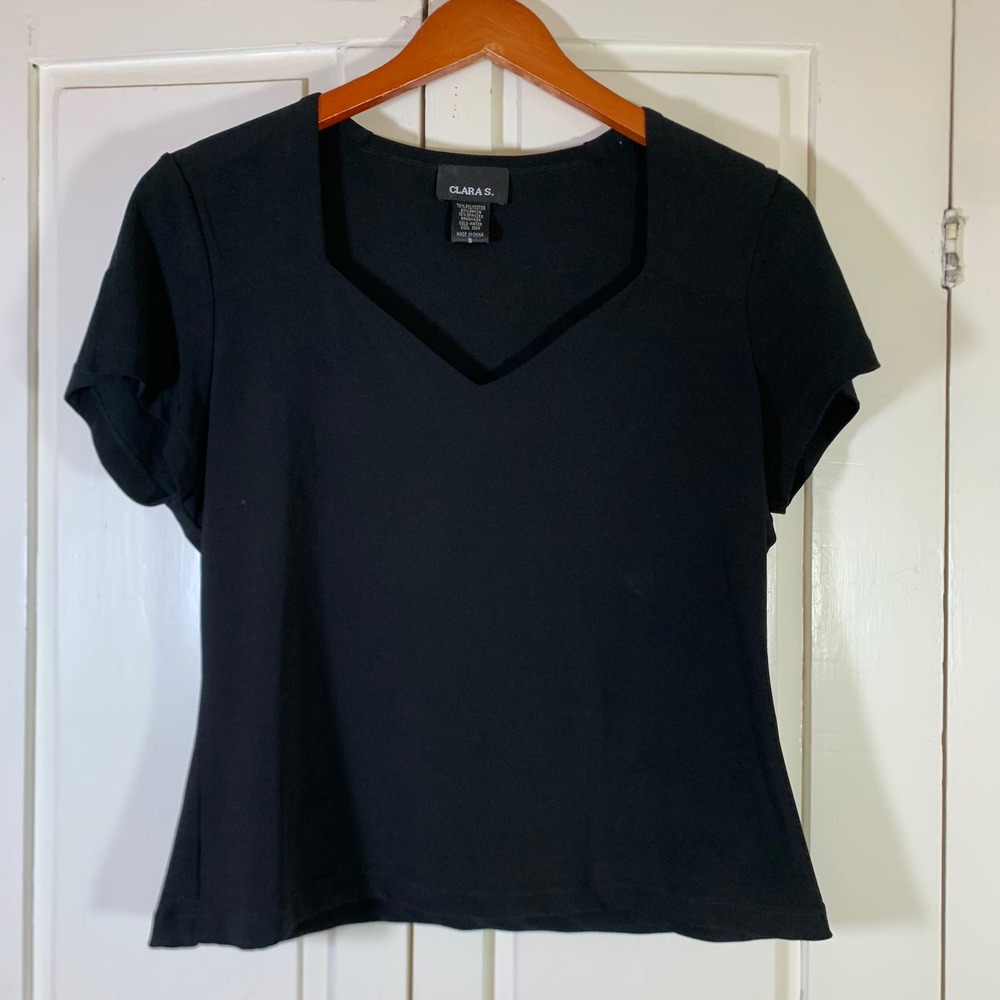 Clara S Womens Black Short Sleeve V-Neck Stretch Knit Blouse Top Size S
